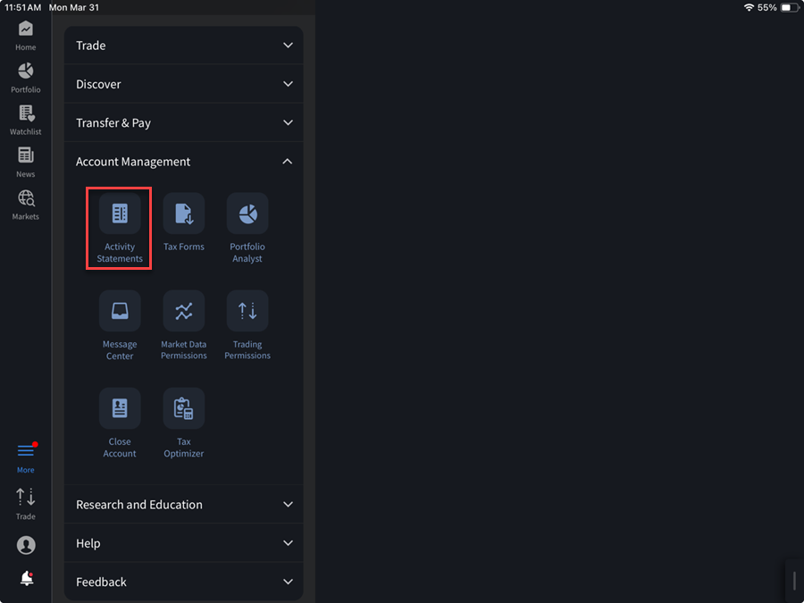 The activity statements menu on the iPad